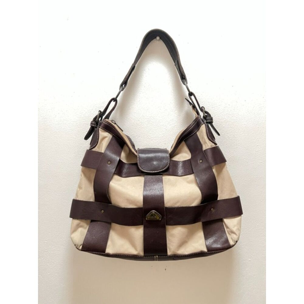 HARA Colombian Genuine Leather Trim Shoulder Bag Beige Brown Equestrian Style